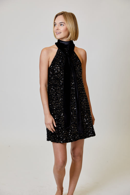 Black Sequin Halter Dress with Tie