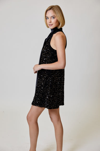 Black Sequin Halter Dress with Tie