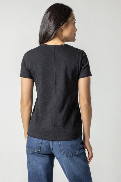 V-Neck Short Sleeve Back Seam Tee - Black