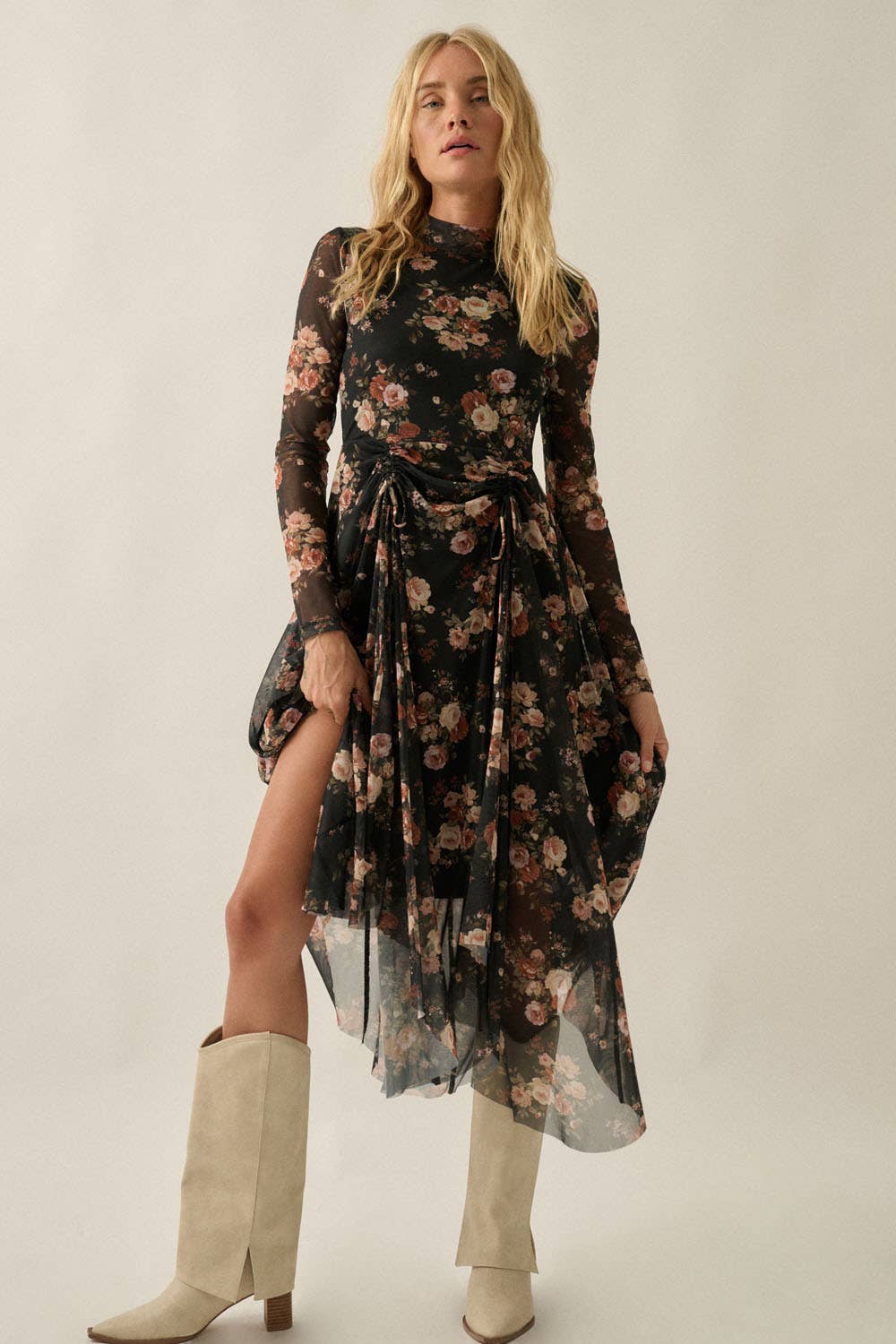 Floral-Print Mesh Long-Sleeve Drawstring-Skirt Maxi Dress: Black / S