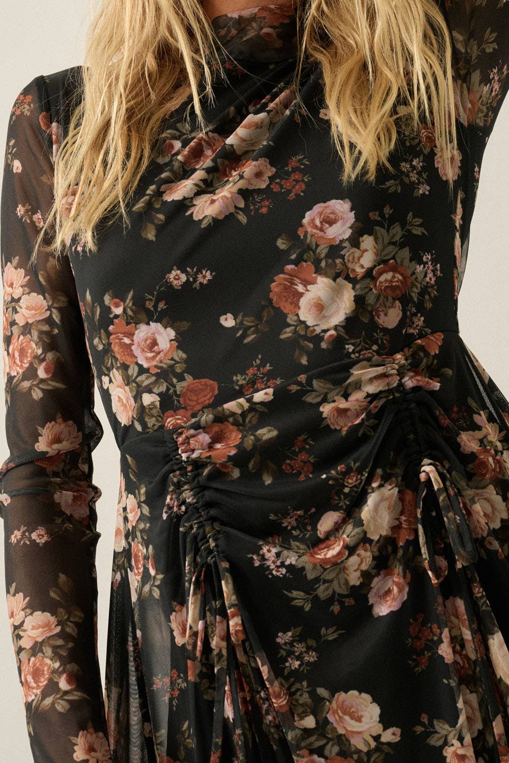 Floral-Print Mesh Long-Sleeve Drawstring-Skirt Maxi Dress: Black / S