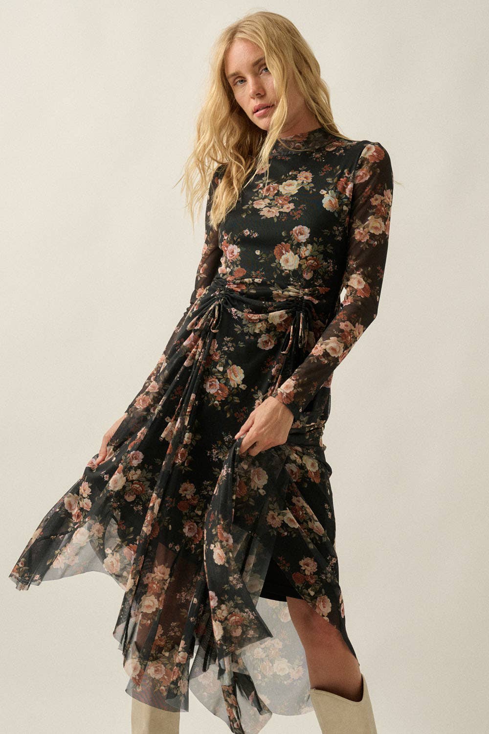 Floral-Print Mesh Long-Sleeve Drawstring-Skirt Maxi Dress: Black / S