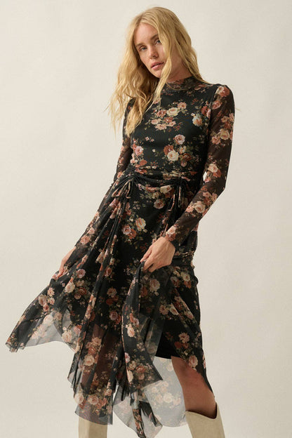 Floral-Print Mesh Long-Sleeve Drawstring-Skirt Maxi Dress: Black / S