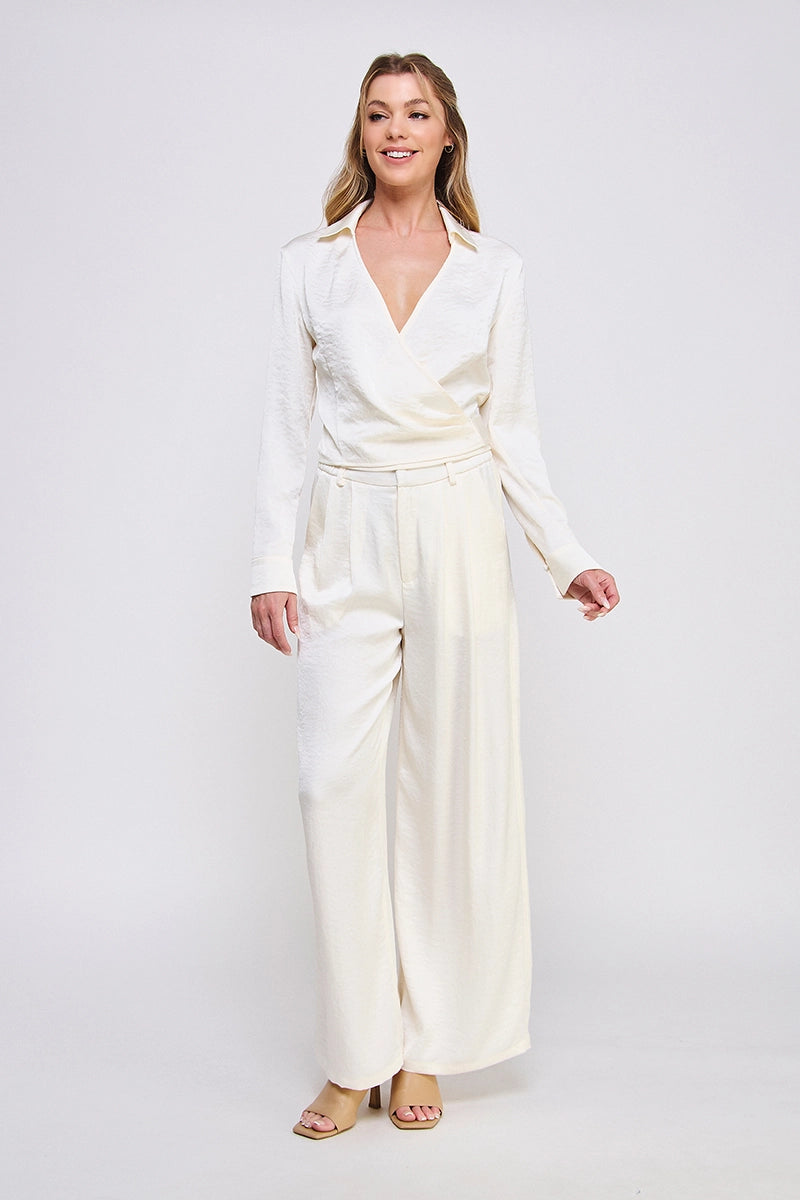 Cream Satin Zip Pleat Front Wide Leg Pant