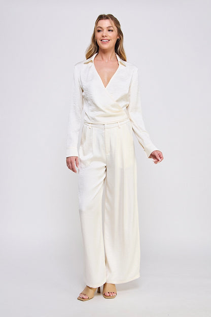 Cream Satin Zip Pleat Front Wide Leg Pant