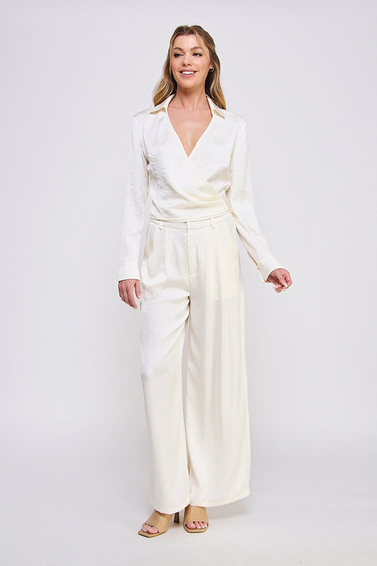 Cream Satin Zip Pleat Front Wide Leg Pant