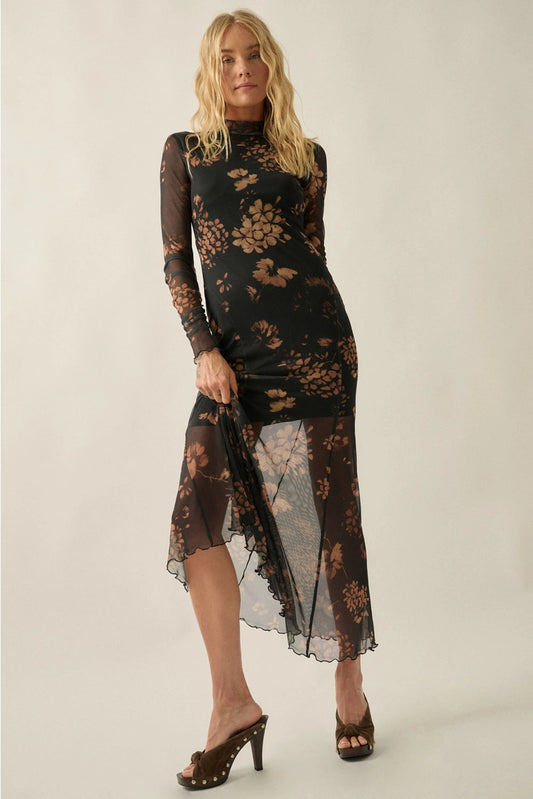 Floral Mesh Mock-Neck Long-Sleeve Maxi Dress