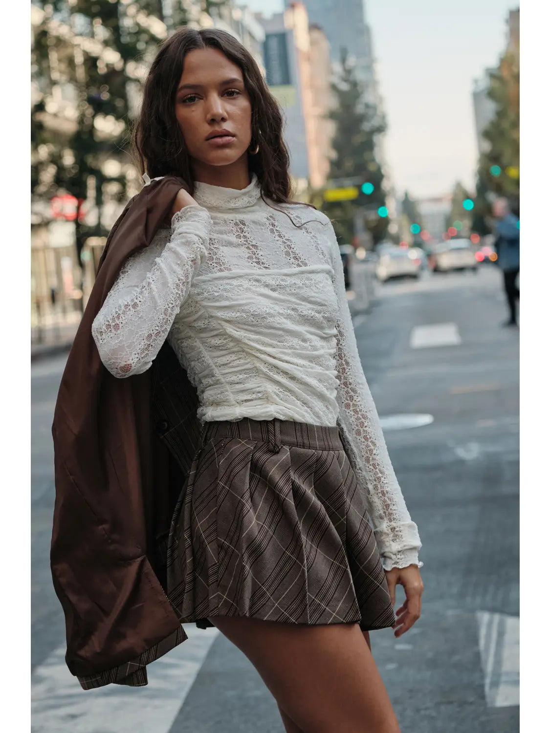 Striped Lace Ruched Mock-Neck Long-Sleeve Bodysuit