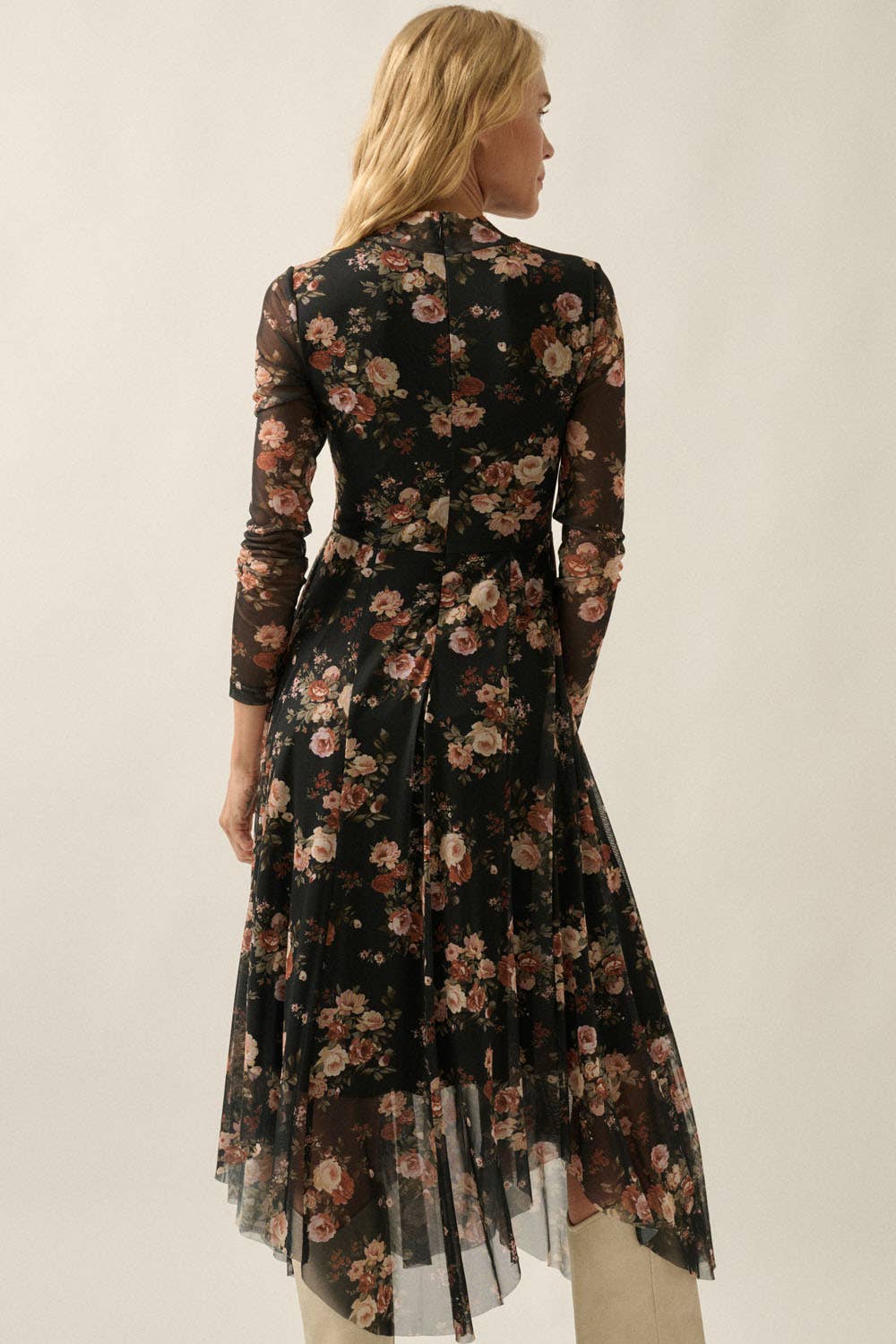 Floral-Print Mesh Long-Sleeve Drawstring-Skirt Maxi Dress: Black / S