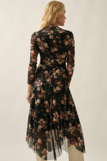 Floral-Print Mesh Long-Sleeve Drawstring-Skirt Maxi Dress: Black / S