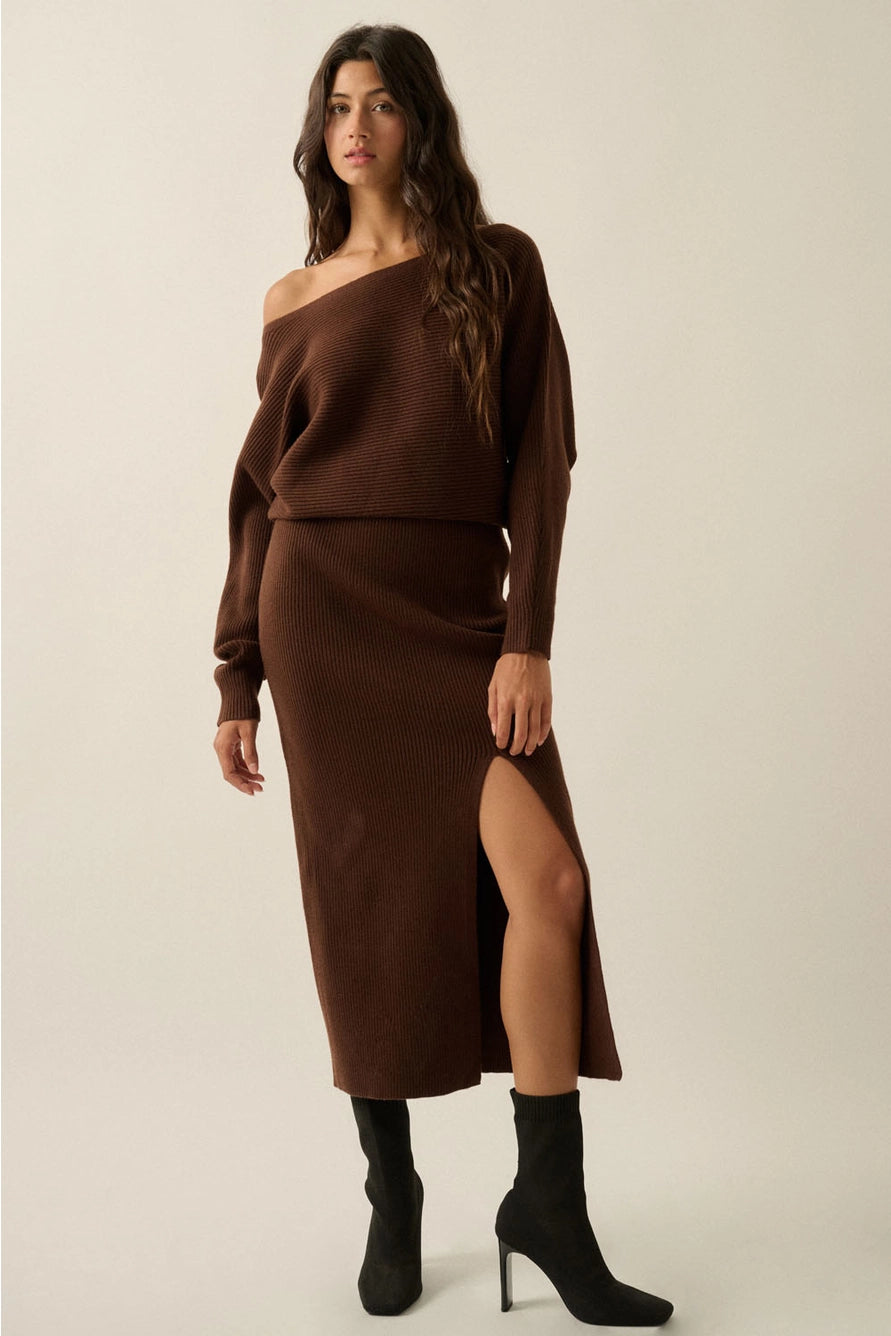 Rib-Knit One-Shoulder Dolman Midi Sweater Dress
