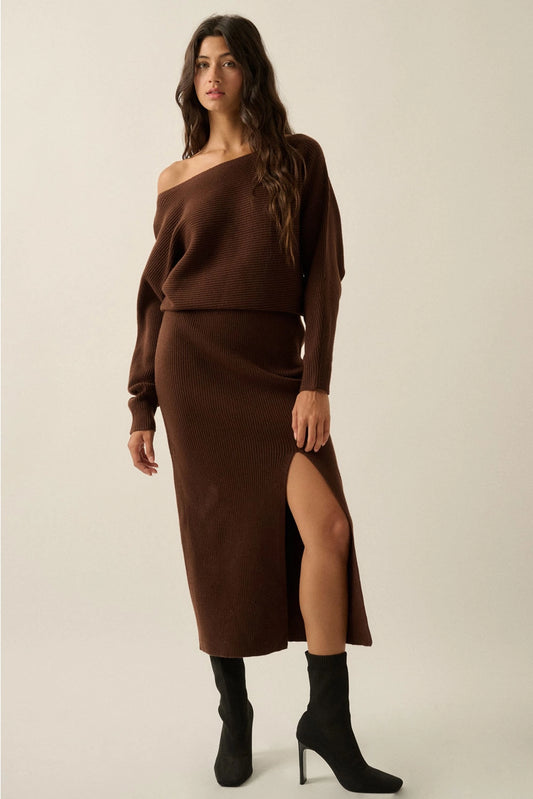 Rib-Knit One-Shoulder Dolman Midi Sweater Dress