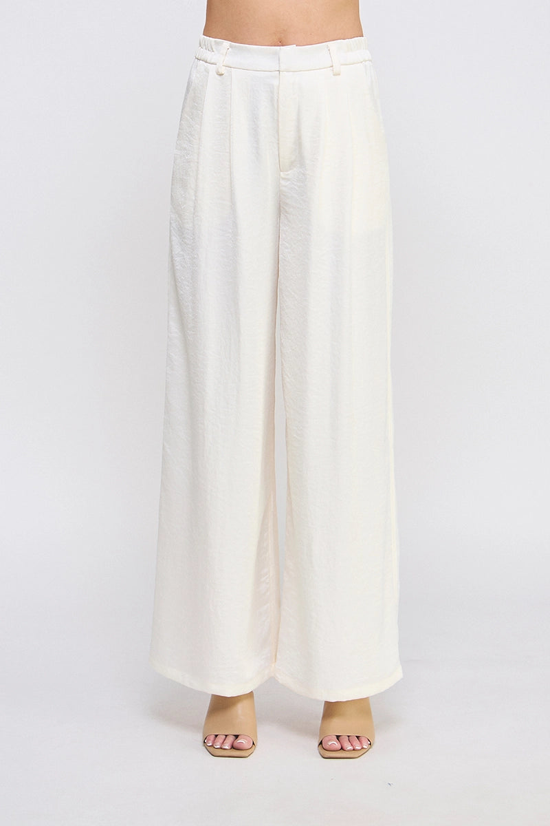 Cream Satin Zip Pleat Front Wide Leg Pant