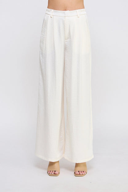 Cream Satin Zip Pleat Front Wide Leg Pant